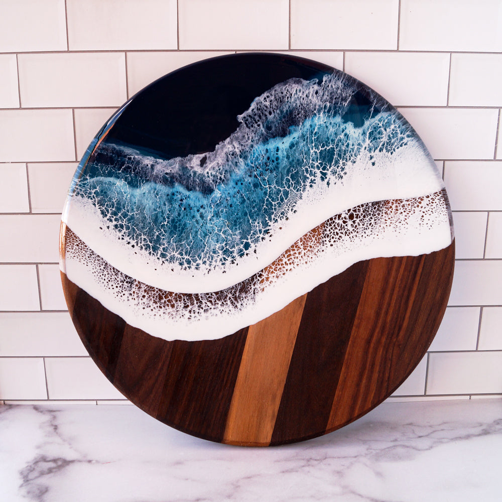 Walnut Wood Large Circle Serving Board - Tidal Teal