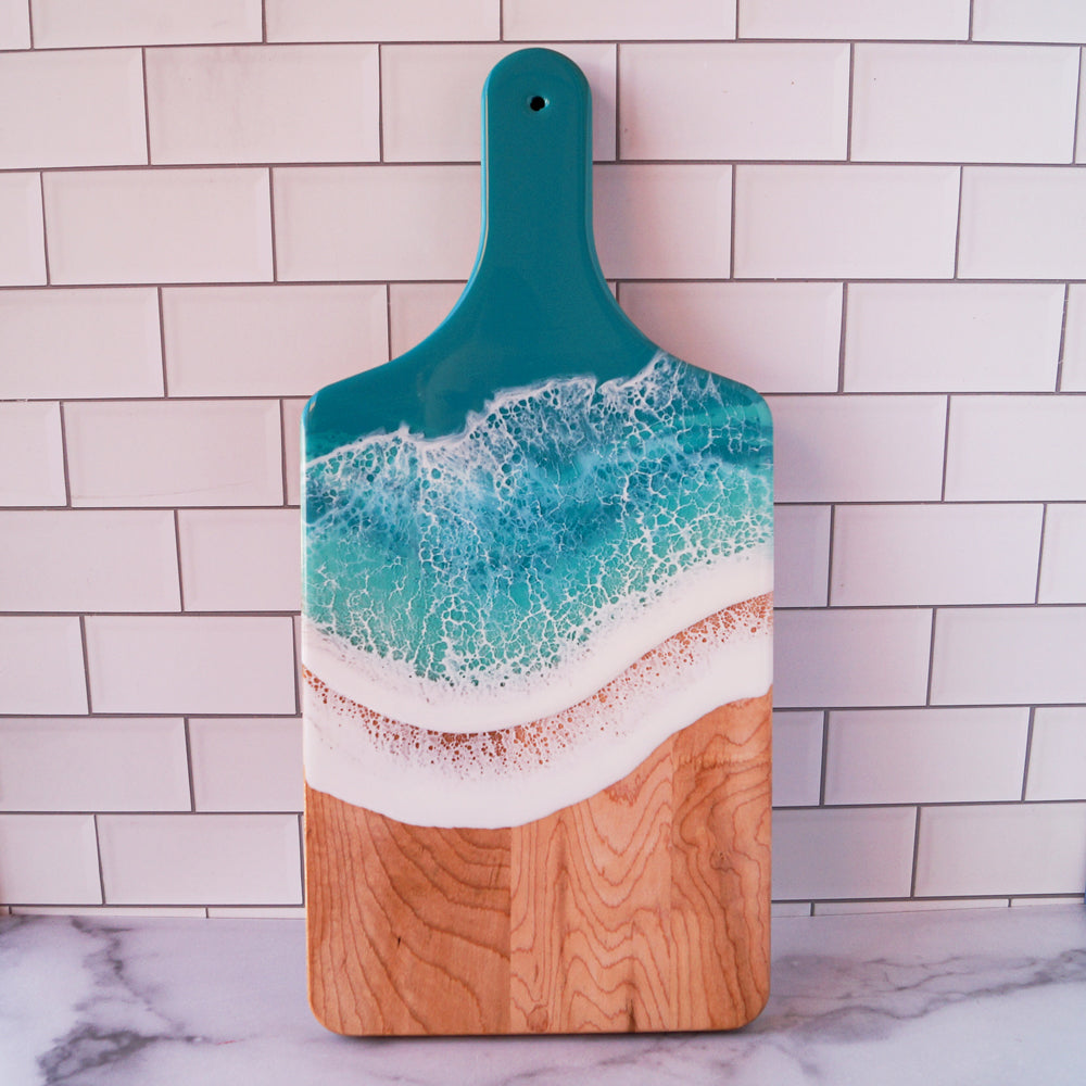 Maple Wood Medium Serving Board w/ Handle - Aqua Surf