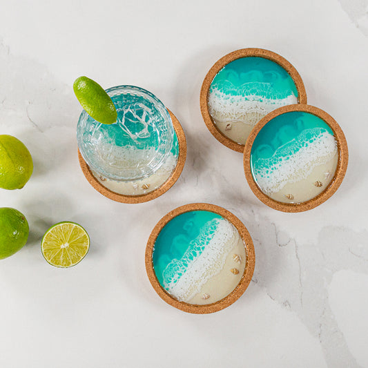 Beach Cork Coaster with Seashells - Set of Four