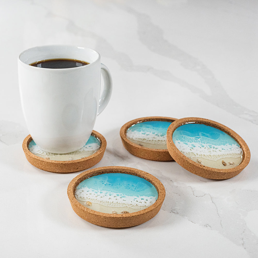 Beach Cork Coaster with Seashells - Set of Four