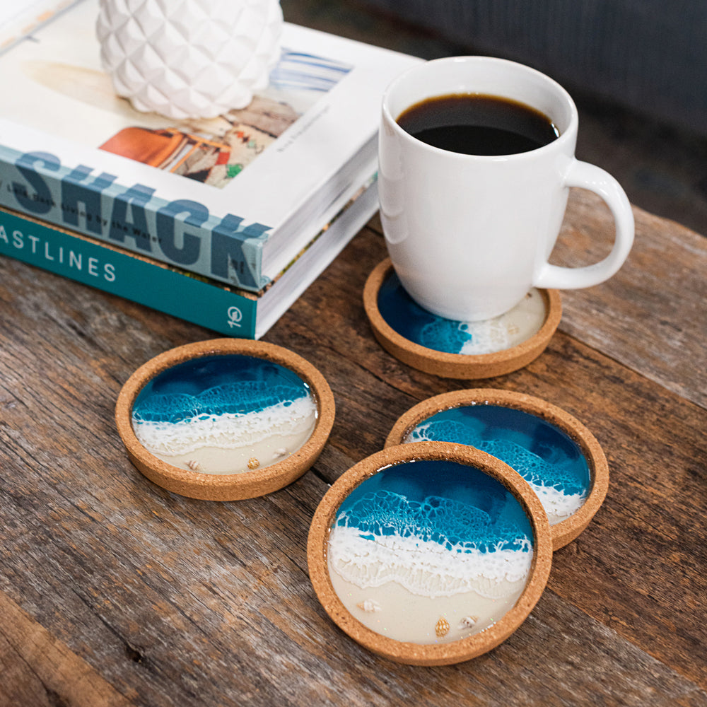 Beach Cork Coaster with Seashells - Set of Four